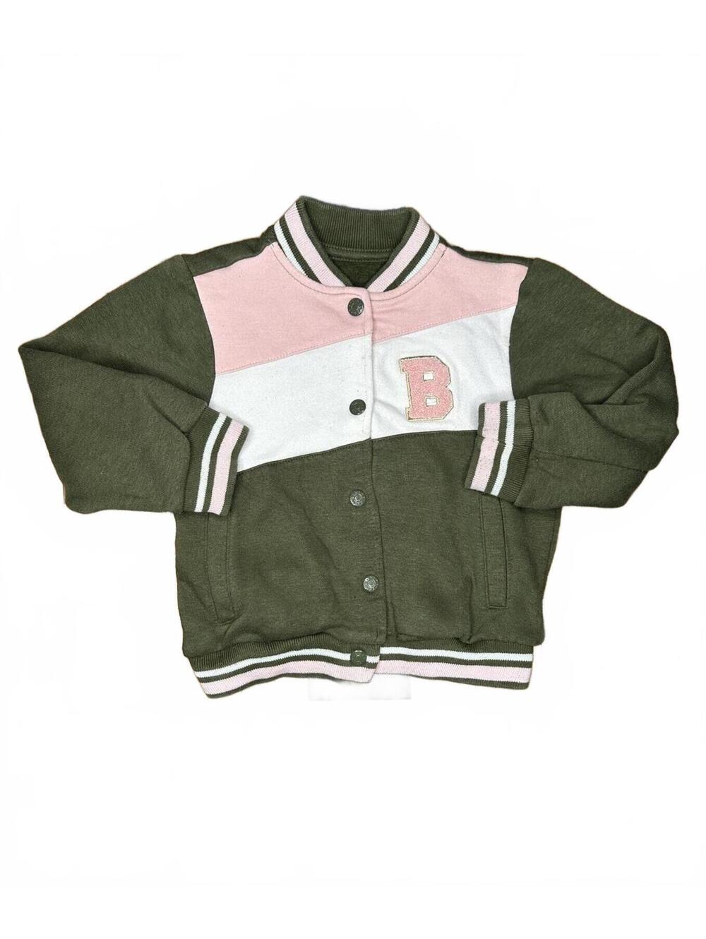 MANGO Kids Olive Green Varsity Jacket with Pink and White Accents Size 4T